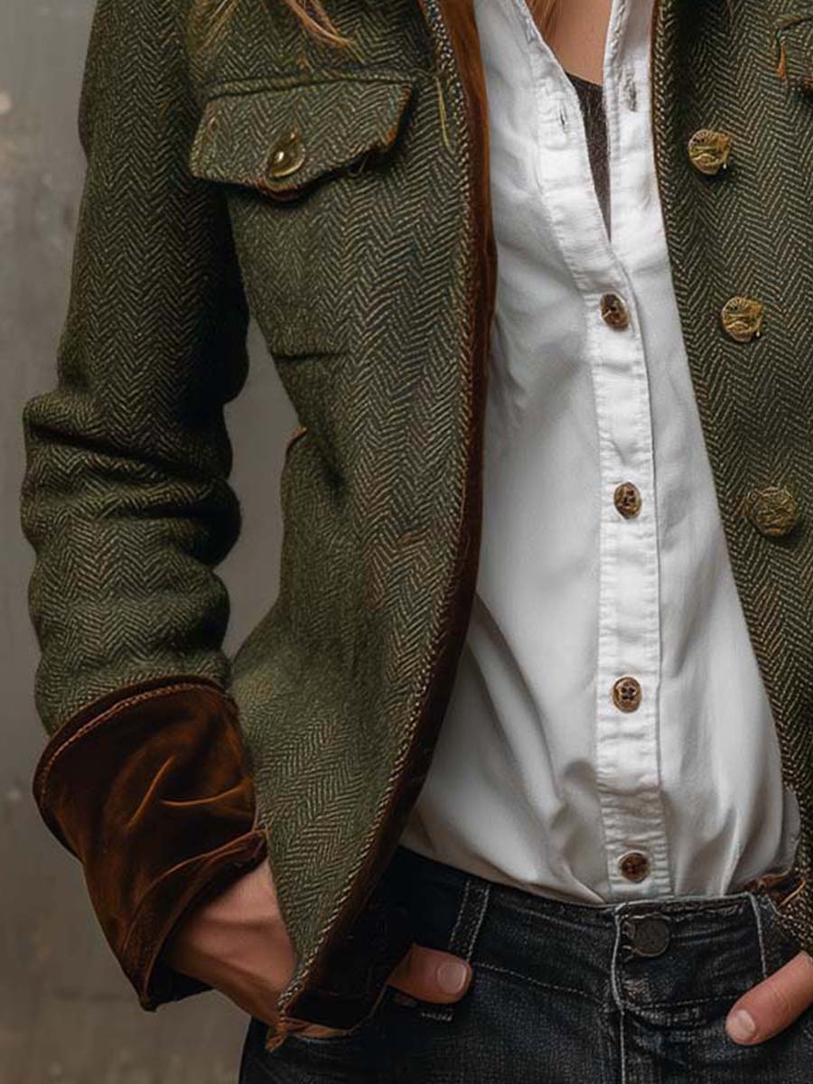 Bella | Blazer Vintage de Espiga con Ribetes en Contraste
