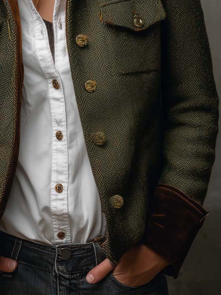 Bella | Blazer Vintage de Espiga con Ribetes en Contraste