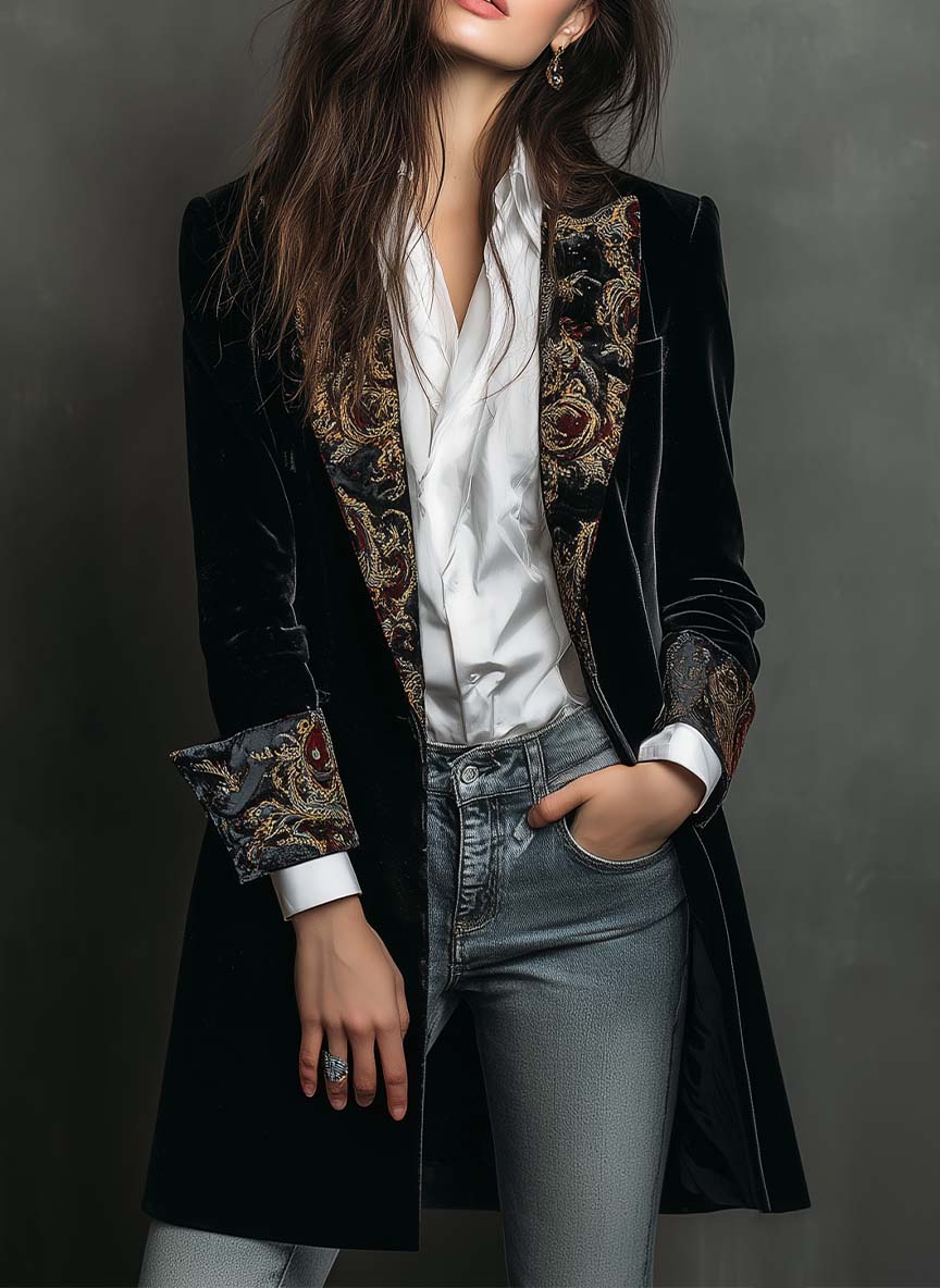 Camilla | Blazer Entallado con Estampado Barroco Negro