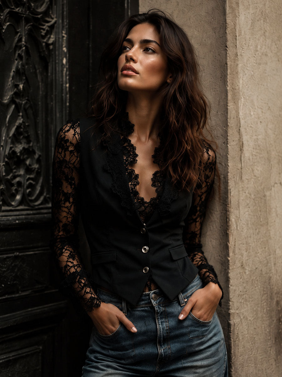Vittoria | Blazer Negro con Mangas Semitransparentes