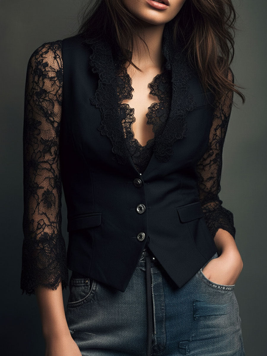 Vittoria | Blazer Negro con Mangas Semitransparentes