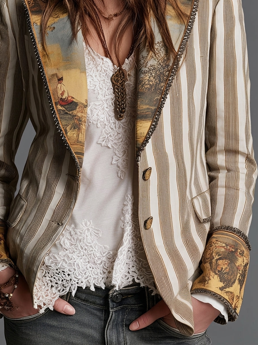Sara - Americana bohemia a rayas con cuello estampado