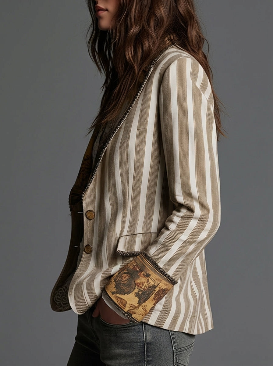 Sara - Americana bohemia a rayas con cuello estampado