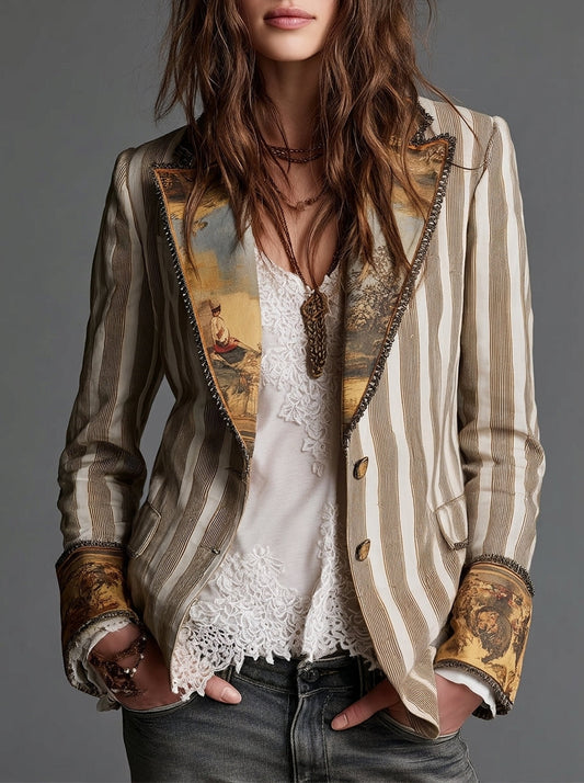Sara - Americana bohemia a rayas con cuello estampado